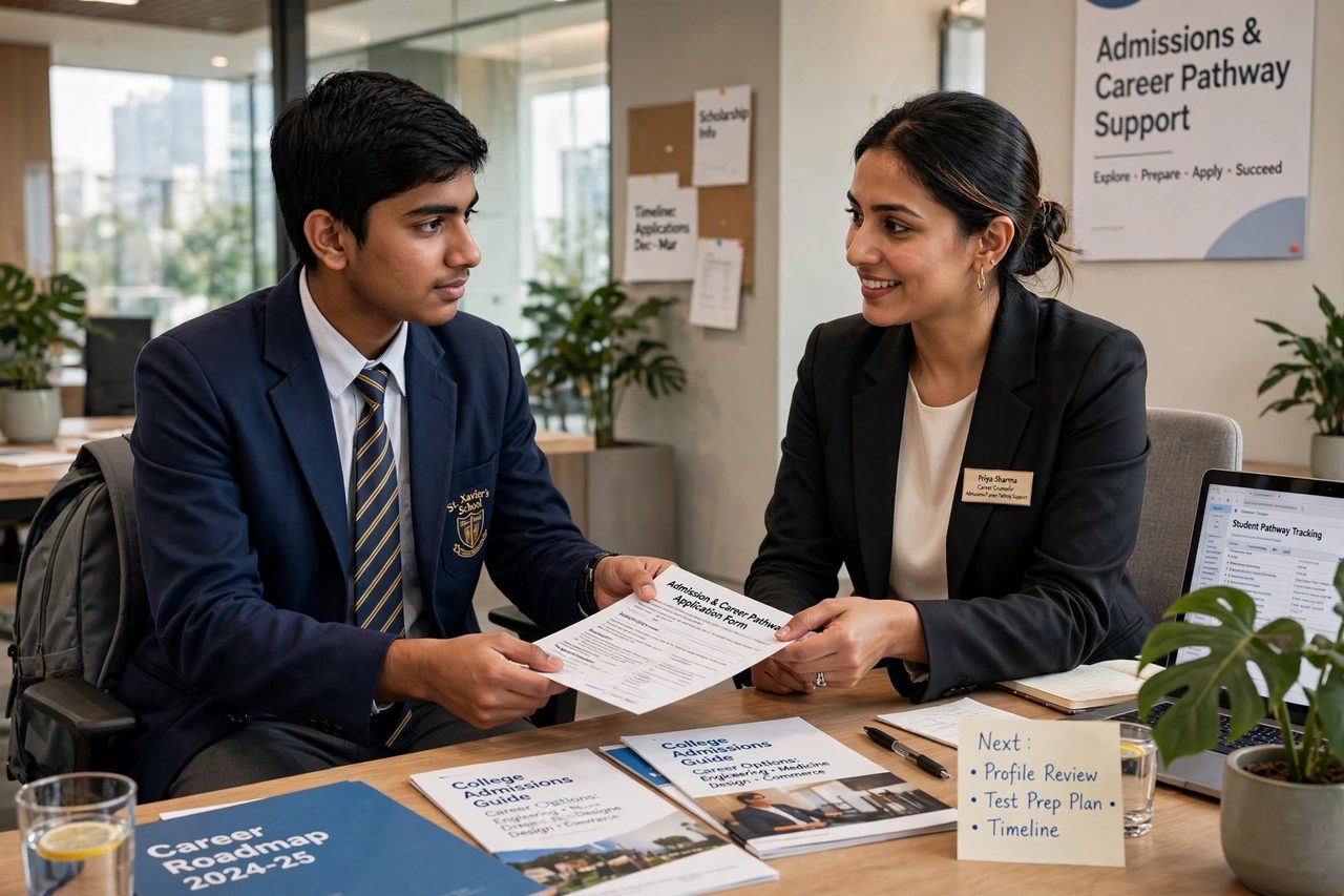Student handing an admission application form to a Climb Right counsellor