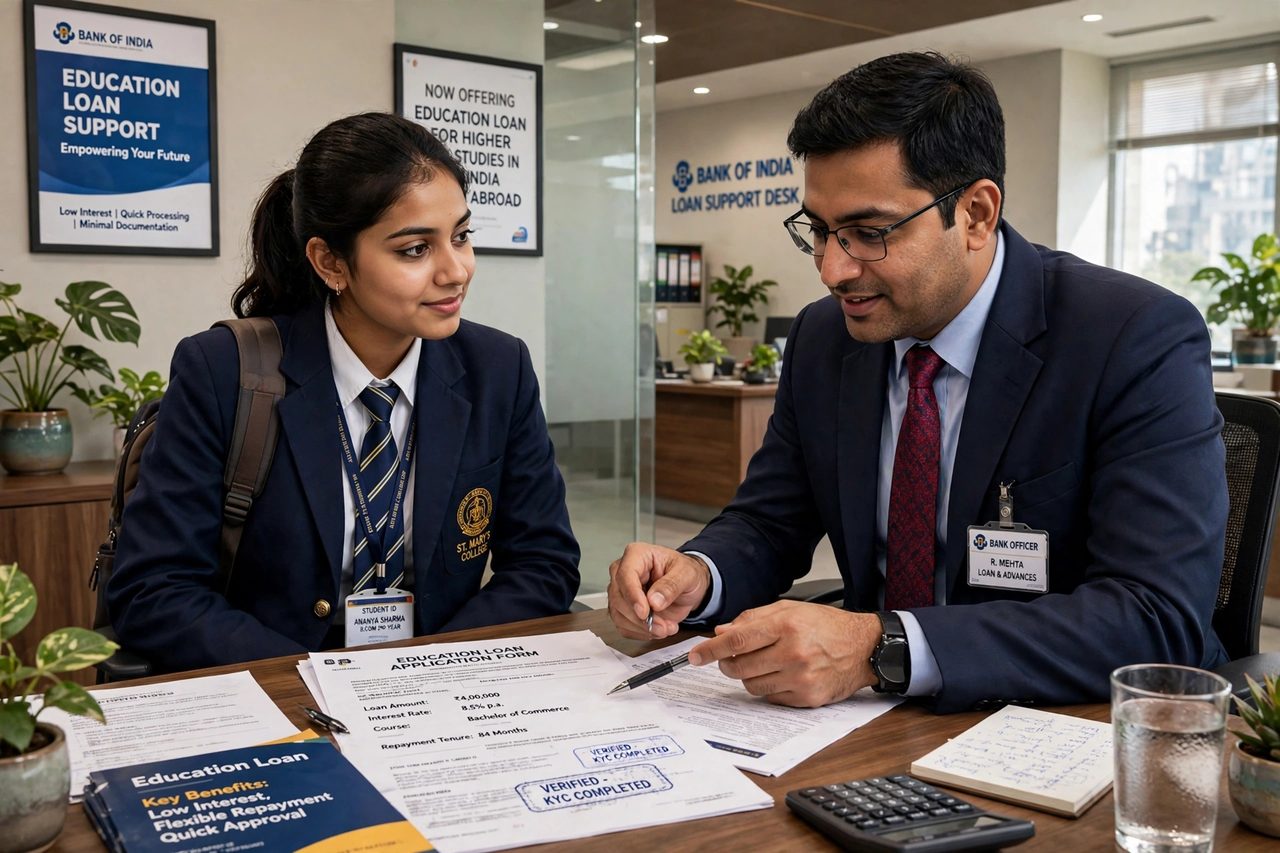 Student discussing an education loan application with a bank officer