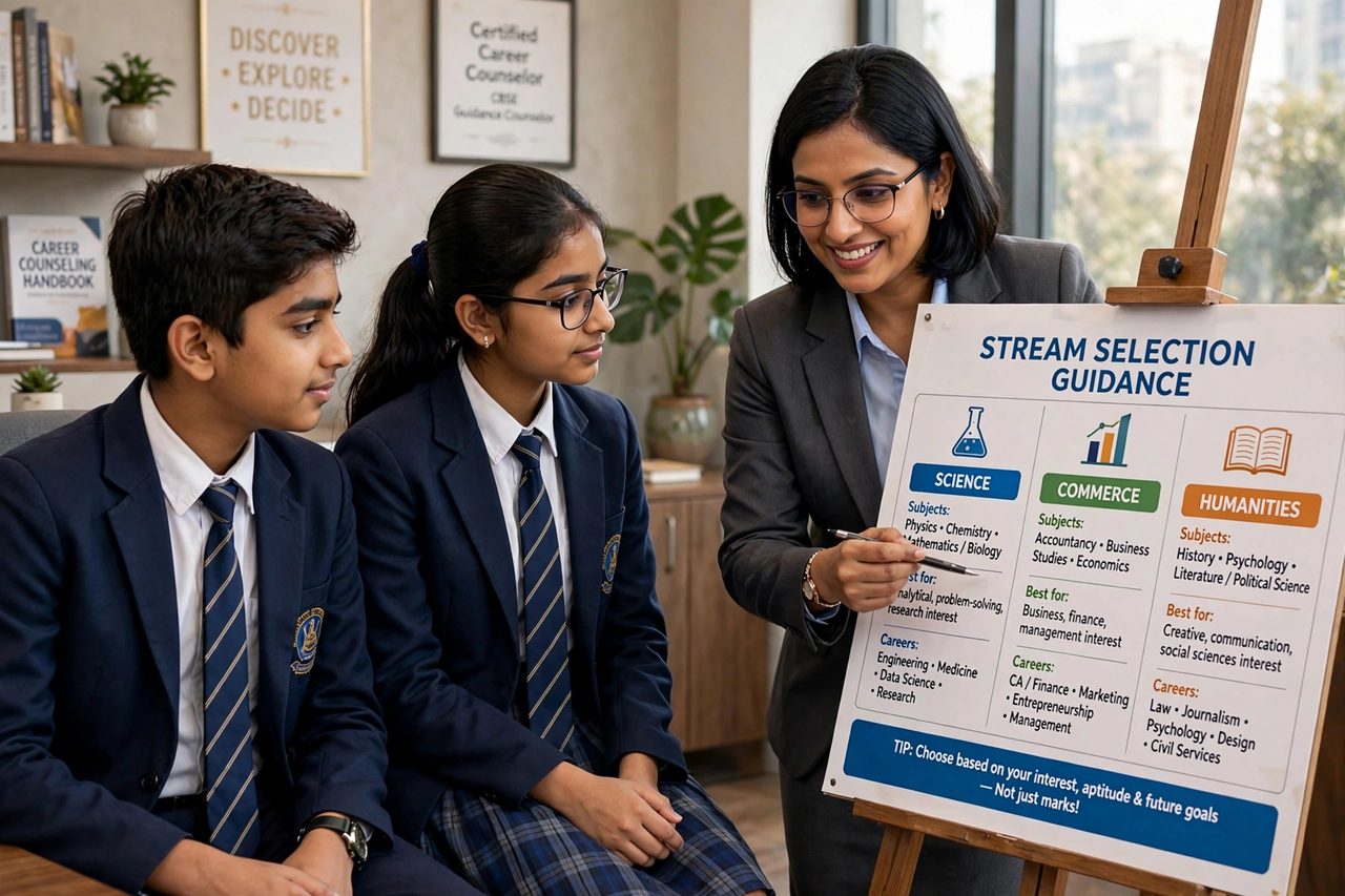 Counsellor explaining Science, Commerce and Humanities streams to two Class 10 students